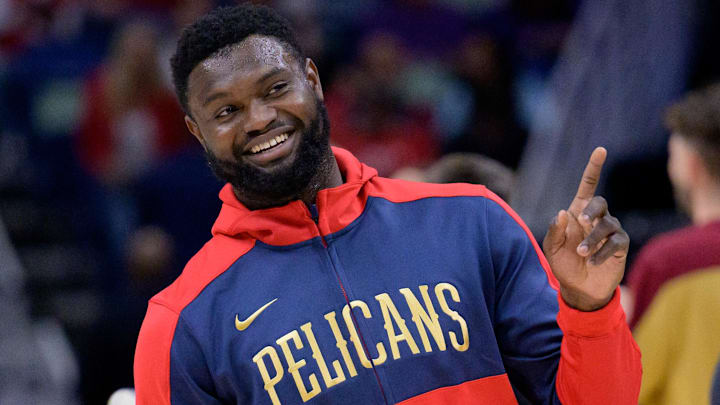 Nov 6, 2024; New Orleans, Louisiana, USA; New Orleans Pelicans forward Zion Williamson (1) smiles before a game against the Cleveland Cavaliers at Smoothie King Center. Mandatory Credit: Matthew Hinton-Imagn Images Nov 6, 2024; New Orleans, Louisiana, USA; New Orleans Pelicans forward Zion Williamson (1) smiles before a game against the Cleveland Cavaliers at Smoothie King Center. Mandatory Credit: Matthew Hinton-Imagn Images