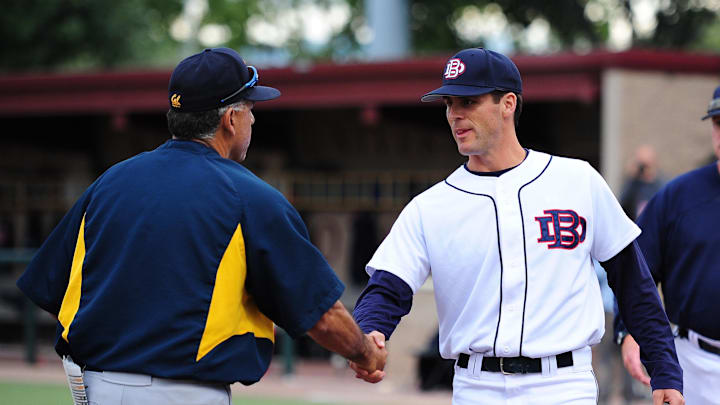 June 11, 2011; Santa Clara, CA, USA; Dallas Baptist Patriots head coach Dan Heefner (right) shakes hands with California Golden Bears head coach David Esquer (left) after game one of the super regional of the 2011 NCAA baseball tournament at the Stephen Schott Stadium. The Bears defeated the Patriots 7-0. Mandatory Credit: Kyle Terada-Imagn Images June 11, 2011; Santa Clara, CA, USA; Dallas Baptist Patriots head coach Dan Heefner (right) shakes hands with California Golden Bears head coach David Esquer (left) after game one of the super regional of the 2011 NCAA baseball tournament at the Stephen Schott Stadium. The Bears defeated the Patriots 7-0. Mandatory Credit: Kyle Terada-Imagn Images