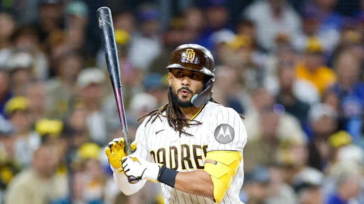 Apr 28, 2026; San Diego, California, USA; San Diego Padres second baseman Fernando Tatis Jr. (23) reacts after a ball call during the fifth inning against the Chicago Cubs at Petco Park. Mandatory Credit: David Frerker-Imagn Images