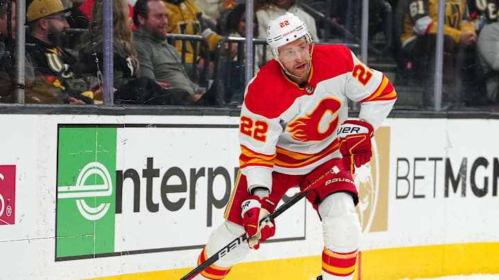 Mar 16, 2023; Las Vegas, Nevada, USA; Calgary Flames center Trevor Lewis (22) skates against the Vegas Golden Knights during the first period at T-Mobile Arena. Mandatory Credit: Stephen R. Sylvanie-Imagn Images