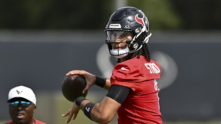 Jun 10, 2025; Houston, TX, USA; Houston Texans quarterback C.J. Stroud (7) participates in a drill during an NFL football minicamp at NRG Stadium. Mandatory Credit: Maria Lysaker-Imagn Images 
