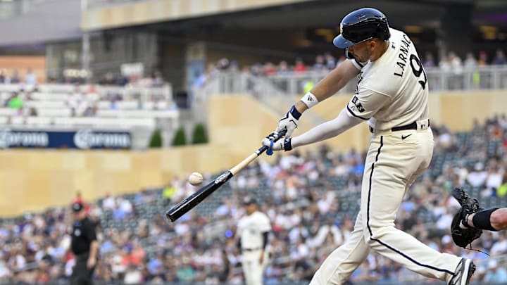 Jul 24, 2023; Minneapolis, Minnesota, USA;  Minnesota Twins outfielder Trevor Larnach (9) hits an