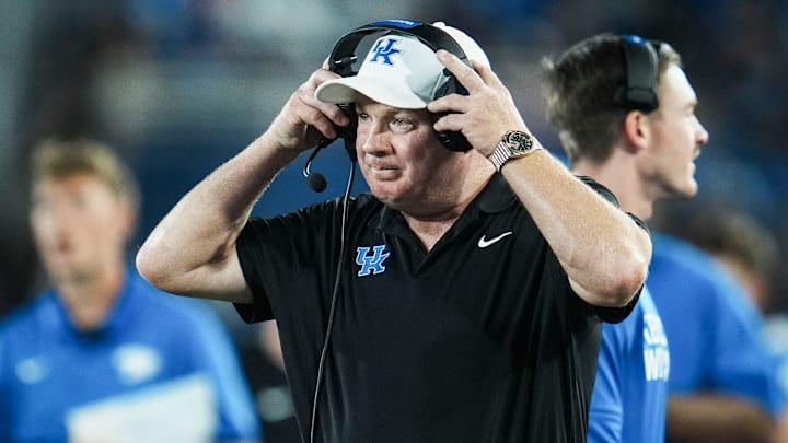 Kentucky Wildcats head football coach Mark Stoops on the sidelines during the game against Eastern Michigan at Kroger Field in Lexington, Kentucky Saturday, Sept. 13, 2025.