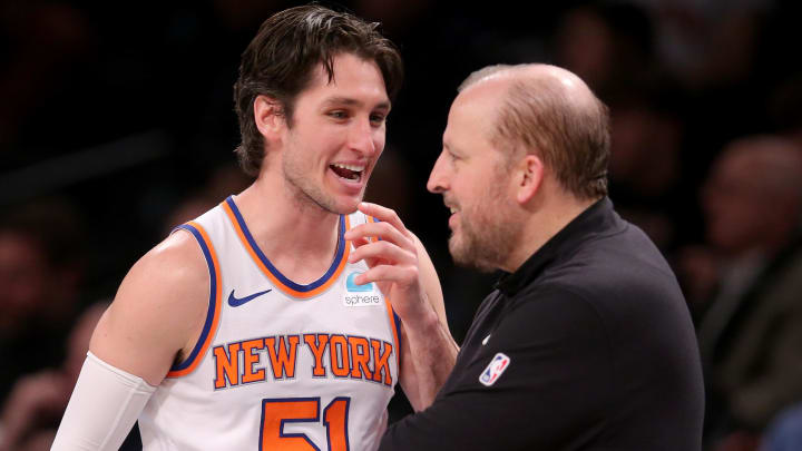 Dec 20, 2023; Brooklyn, New York, USA; New York Knicks guard Ryan Arcidiacono (51) talks to head coach Tom Thibodeau during the fourth quarter against the Brooklyn Nets at Barclays Center. Mandatory Credit: Brad Penner-USA TODAY Sports