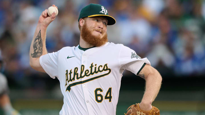 Aug 3, 2024; Oakland, California, USA; Oakland Athletics pitcher Will Klein (64) throws against the Los Angeles Dodgers during the sixth inning at Oakland-Alameda County Coliseum. Mandatory Credit: Robert Edwards-Imagn Images Aug 3, 2024; Oakland, California, USA; Oakland Athletics pitcher Will Klein (64) throws against the Los Angeles Dodgers during the sixth inning at Oakland-Alameda County Coliseum. Mandatory Credit: Robert Edwards-Imagn Images