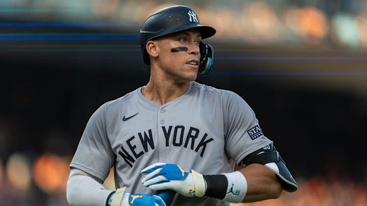 New York Yankees outfielder Aaron Judge walks to the dugout after getting out at first base against the Detroit Tigers at Comerica Park in Detroit on Friday, Aug. 16, 2024. New York Yankees outfielder Aaron Judge walks to the dugout after getting out at first base against the Detroit Tigers at Comerica Park in Detroit on Friday, Aug. 16, 2024.