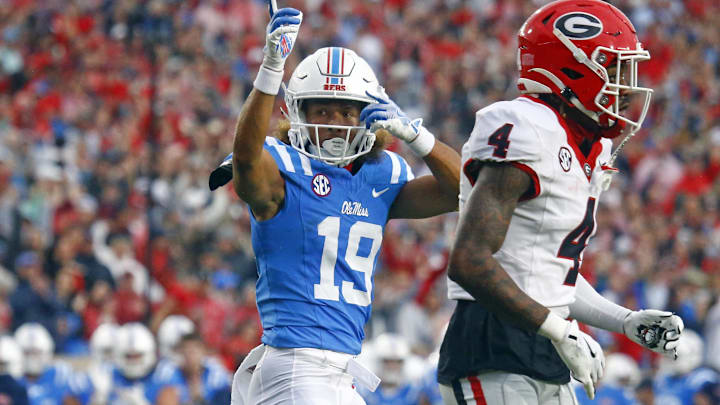 Nov 9, 2024; Oxford, Mississippi, USA; Mississippi Rebels wide receiver Cayden Lee (19) reacts after a first down catch during the first half against the Georgia Bulldogs at Vaught-Hemingway Stadium. Mandatory Credit: Petre Thomas-Imagn Images