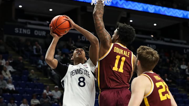 Penn State Nittany Lions forward Miles Goodman (8) attempts to shoot the ball as Minnesota Golden Gophers guard Femi Odukale (11) defends during the first half at Bryce Jordan Center.