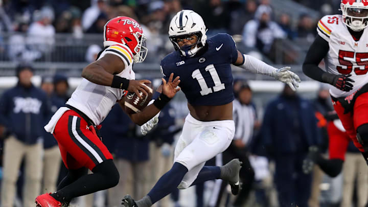  Penn State Nittany Lions defensive end Abdul Carter pressures Maryland Terrapins quarterback MJ Morris during the first quarter at Beaver Stadium. 