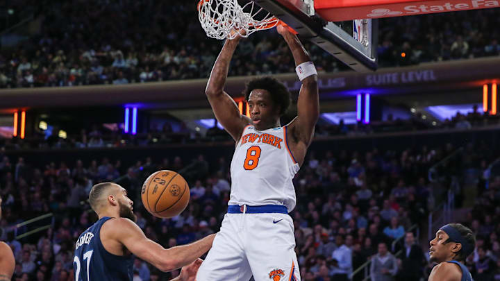 Jan 1, 2024; New York, New York, USA;  New York Knicks forward OG Anunoby (8) at Madison Square Garden. Mandatory Credit: Wendell Cruz-Imagn Images