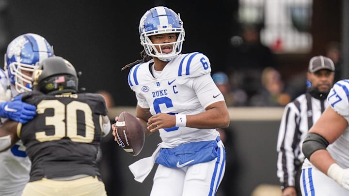 Nov 30, 2024; Winston-Salem, North Carolina, USA; Duke Blue Devils quarterback Maalik Murphy (6) looks for an open receiver against the Wake Forest Demon Deacons during the second half at Allegacy Federal Credit Union Stadium. Mandatory Credit: Jim Dedmon-Imagn Images
