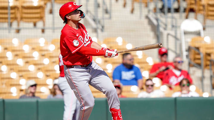 Cincinnati Reds first baseman Sal Stewart (27) looks up after hitting a homer in the second inning of a Cactus League game between the Cincinnati Reds and Chicago White Sox, Wednesday, Feb. 25, 2026, at