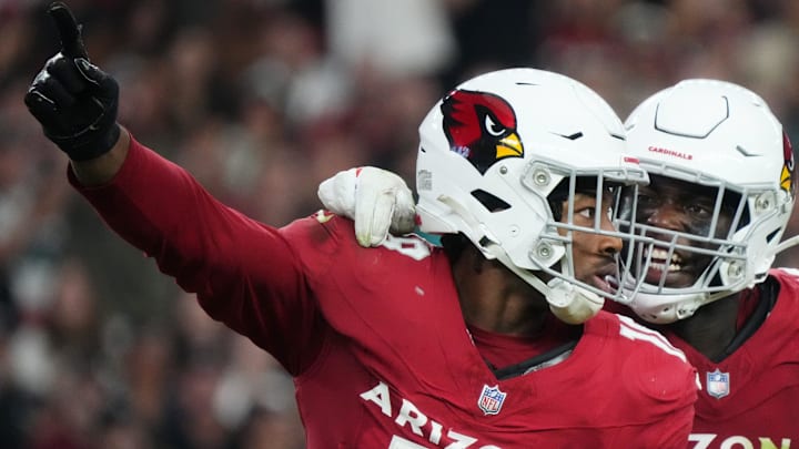 Arizona Cardinals linebacker BJ Ojulari (18) celebrates his defensive stop with teammate Victor Dimukeje during their game against the Atlanta Falcons at State Farm Stadium on Nov. 12, 2023, in Glendale. Arizona Cardinals linebacker BJ Ojulari (18) celebrates his defensive stop with teammate Victor Dimukeje during their game against the Atlanta Falcons at State Farm Stadium on Nov. 12, 2023, in Glendale.
