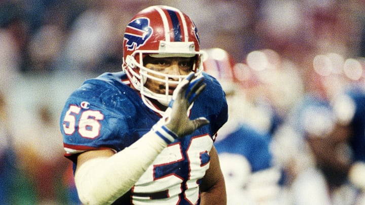 Jan 26, 1992; Minneapolis, MN, USA; FILE PHOTO; Buffalo Bills linebacker Darryl Talley (56) on the field against the Washington Redskins during Super Bowl XXVI at the Metrodome. The Redskins defeated the Bills 37-24. Mandatory Credit: Manny Rubio-Imagn Images