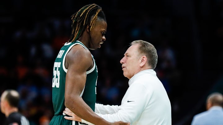 Michigan State head coach Tom Izzo talks to forward Coen Carr (55) during the second half of the NCAA tournament West Region second round against North Carolina at Spectrum Center in Charlotte, N.C. on Saturday, March 23, 2024. Michigan State head coach Tom Izzo talks to forward Coen Carr (55) during the second half of the NCAA tournament West Region second round against North Carolina at Spectrum Center in Charlotte, N.C. on Saturday, March 23, 2024.