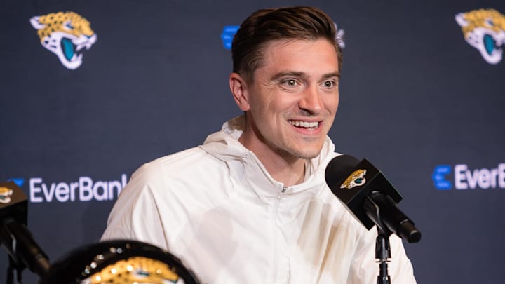 Apr 25, 2025; Jacksonville, FL, USA; Jacksonville Jaguars head general manager James Gladstone talks to the media during a press conference to introduce first round draft pick Travis Hunter (not pictured) at Miller Electric Center. Mandatory Credit: Travis Register-Imagn Images