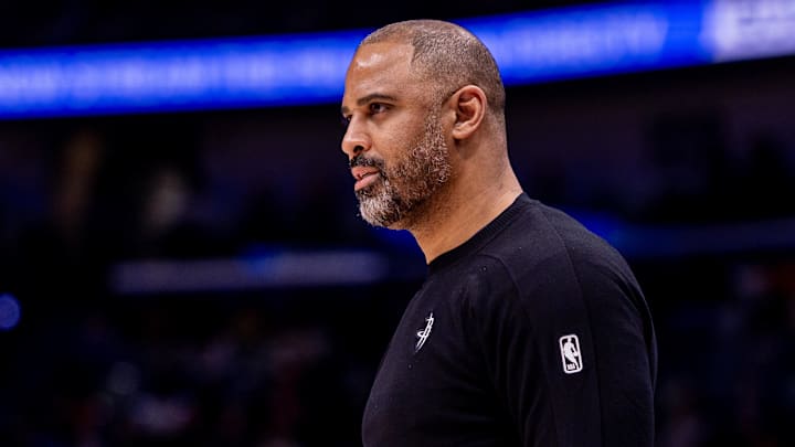 Dec 18, 2025; New Orleans, Louisiana, USA;  Houston Rockets Head Coach Ime Udoka looks on against the New Orleans Pelicans during the first half at Smoothie King Center. Mandatory Credit: Stephen Lew-Imagn Images