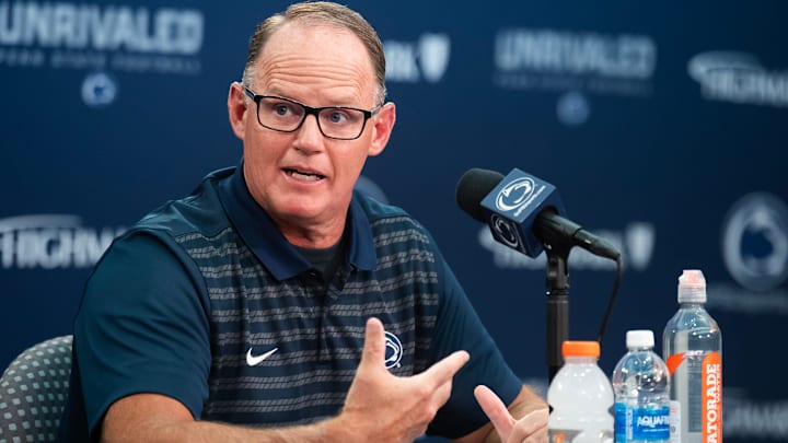 Penn State defensive coordinator Tom Allen talks with reporters during football media day in Beaver Stadium on Saturday, August 3, 2024, in State College.