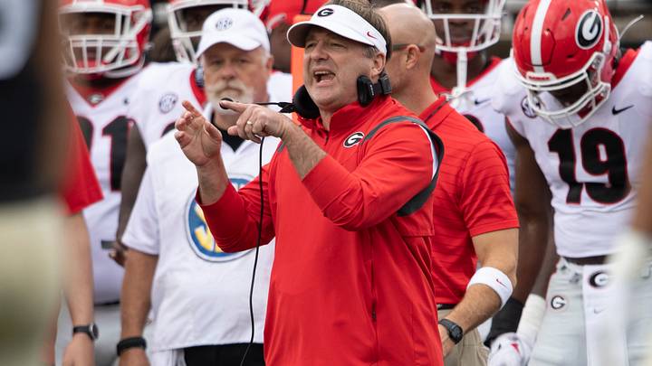 Georgia head coach Kirby Smart yells at his team during the first quarter of the game against Vanderbilt at Vanderbilt Stadium Saturday, Sept. 25, 2021 in Nashville, Tenn.

Nas Vandy Ga 025