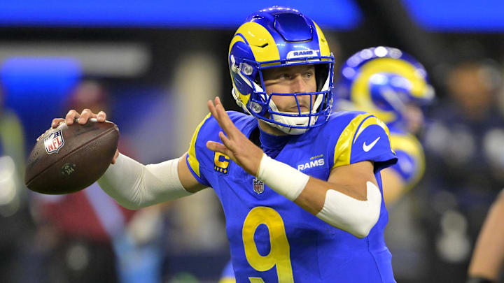Dec 28, 2024; Inglewood, California, USA;   Los Angeles Rams quarterback Matthew Stafford (9) throws a pass against the Arizona Cardinals at SoFi Stadium. Mandatory Credit: Jayne Kamin-Oncea-Imagn Images