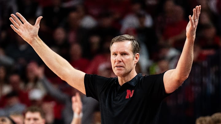 Feb 13, 2025; Lincoln, Nebraska, USA; Nebraska Cornhuskers head coach Fred Hoiberg reacts to a call during the second half against the Maryland Terrapins at Pinnacle Bank Arena.