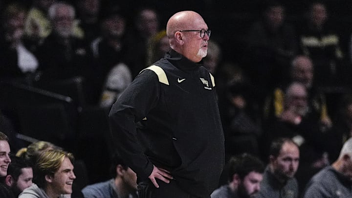 Feb 26, 2025; Winston-Salem, North Carolina, USA; Wake Forest Demon Deacons head coach Steve Forbes during the first half against the Virginia Cavaliers at Lawrence Joel Veterans Memorial Coliseum. Mandatory Credit: Jim Dedmon-Imagn Images
