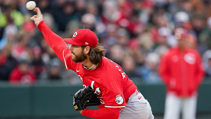 Reds prospects pitcher Aaron Wilkerson throws a pitch in the first inning of the final spring training game between the Cincinnati Reds and Reds prospects on March 25, 2025, at Day Air Ballpark in Dayton, Ohio.