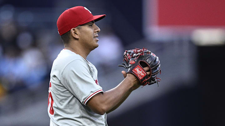 Apr 27, 2024; San Diego, California, USA; Philadelphia Phillies starting pitcher Ranger Suarez (55) applauds after a catch by right fielder Nick Castellanos (not pictured) during the sixth inning against the San Diego Padres at Petco Park. Mandatory Credit: Orlando Ramirez-Imagn Images