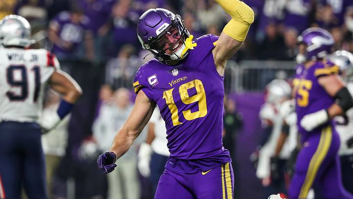 Nov 24, 2022; Minneapolis, Minnesota, USA; Minnesota Vikings wide receiver Adam Thielen (19) celebrates his touchdown against the New England Patriots during the fourth quarter at U.S. Bank Stadium. Mandatory Credit: Matt Krohn-Imagn Images