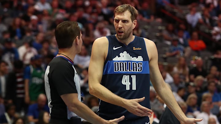 Apr 5, 2019; Dallas, TX, USA; Dallas Mavericks forward Dirk Nowitzki (41) argues a call in the second half against the Memphis Grizzlies at American Airlines Center. Mandatory Credit: Matthew Emmons-Imagn Images