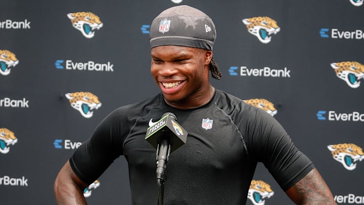 May 10, 2025; Jacksonville, FL, USA; Jacksonville Jaguars wide receiver Travis Hunter (12) meets with the media following rookie minicamp at Miller Electric Center. Mandatory Credit: Travis Register-Imagn Images May 10, 2025; Jacksonville, FL, USA; Jacksonville Jaguars wide receiver Travis Hunter (12) meets with the media following rookie minicamp at Miller Electric Center. Mandatory Credit: Travis Register-Imagn Images