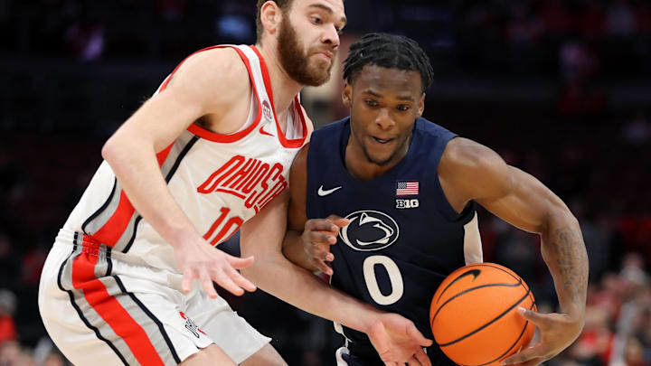 Jan 20, 2024; Columbus, Ohio, USA;  Penn State Nittany Lions guard Kanye Clary (0) controls the ball
