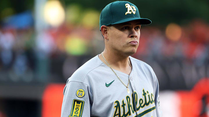 Aug 9, 2025: Athletics third baseman Gio Urshela (13) looks on before a game against the Baltimore Orioles at Oriole Park at Camden Yards. 