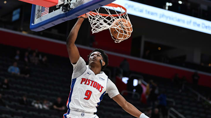 Dec 11, 2023; Detroit, Michigan, USA;  Detroit Pistons forward Ausar Thompson (9) dunks the ball