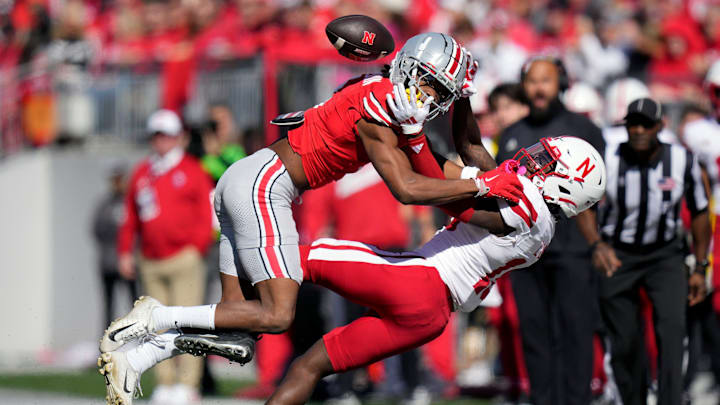 Ohio State Buckeyes cornerback Davison Igbinosun is called for pass interference against Nebraska Cornhuskers wide receiver Jaylen Lloyd during the second quarter of their game at Ohio Stadium on Oct 26, 2024, in Columbus.