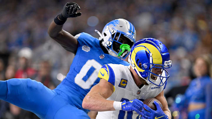 Los Angeles Rams wide receiver Cooper Kupp (10) runs past Detroit Lions cornerback Terrion Arnold (0) 