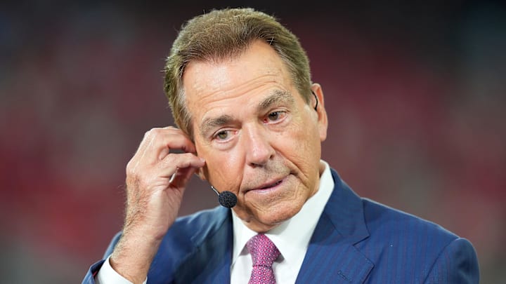 Sports broadcaster Nick Saban before the game during the 2026 Fiesta Bowl and semifinal game of the College Football Playoff at State Farm Stadium. Mandatory Credit: Joe Camporeale-Imagn Images