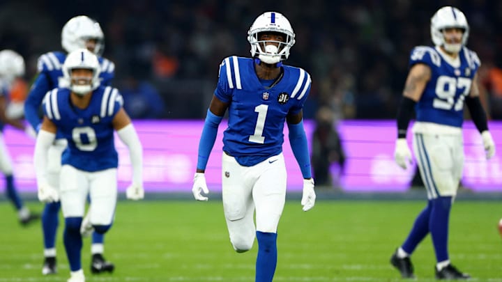 [US, Mexico & Canada customers only] Nov 9, 2025; Berlin, GERMANY; Indianapolis Colts cornerback Sauce Gardner (1) reacts against the Atlanta Falcons during the Berlin Game at Olympic Stadium. 