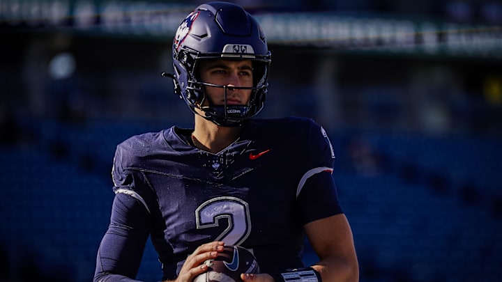 Nov 15, 2025; East Hartford, Connecticut, USA; UConn Huskies quarterback Joe Fagnano (2) warms up before the start of the game against the Air Force Falcons at Pratt & Whitney Stadium at Rentschler Field. Mandatory Credit: David Butler II-Imagn Images