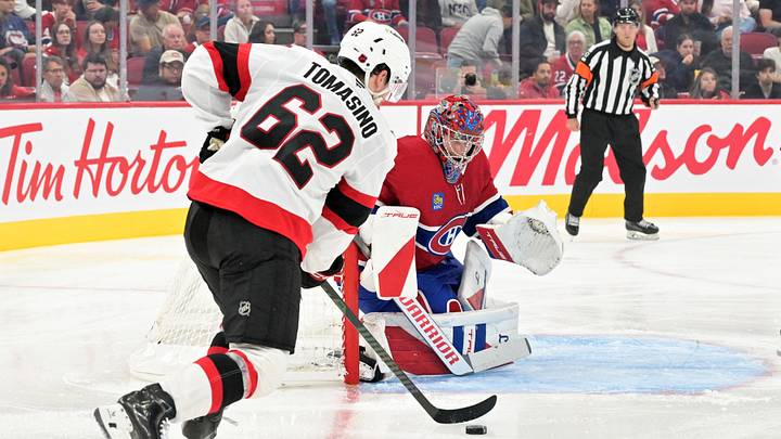 Sep 26, 2026; Montreal, Quebec, CAN; Montreal Canadiens goalie Samuel Montembeault (35) stops Ottawa Senators forward Philip Tomasino (62) during the third period at the Bell Centre. Mandatory Credit: Eric Bolte-Imagn Images Sep 26, 2026; Montreal, Quebec, CAN; Montreal Canadiens goalie Samuel Montembeault (35) stops Ottawa Senators forward Philip Tomasino (62) during the third period at the Bell Centre. Mandatory Credit: Eric Bolte-Imagn Images
