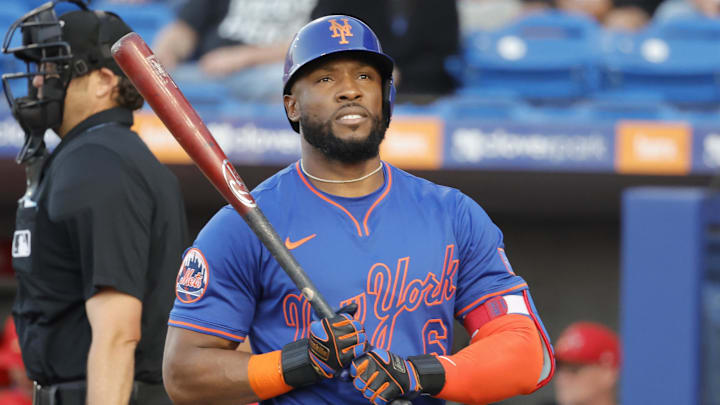 Mar 14, 2025; Port St. Lucie, Florida, USA;  New York Mets outfielder Starling Marte (6) walks back to the dugout after striking out during the fourth inning against the St. Louis Cardinals at Clover Park. Mandatory Credit: Reinhold Matay-Imagn Images