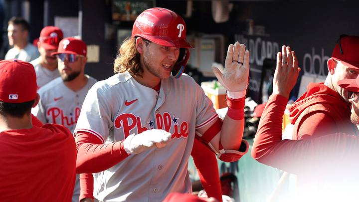 Sep 30, 2026; Cumberland, Georgia, USA; Philadelphia Phillies first baseman Alec Bohm (28) celebrates in the dugout after hitting a solo home run against the Atlanta Braves in the tenth inning during game two of the Wildcard round for the 2026 MLB Playoffs at Truist Park. Mandatory Credit: Brett Davis-Imagn Images Sep 30, 2026; Cumberland, Georgia, USA; Philadelphia Phillies first baseman Alec Bohm (28) celebrates in the dugout after hitting a solo home run against the Atlanta Braves in the tenth inning during game two of the Wildcard round for the 2026 MLB Playoffs at Truist Park. Mandatory Credit: Brett Davis-Imagn Images
