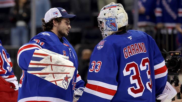 Mar 27, 2026; New York, New York, USA; New York Rangers goaltender Dylan Garand (33) is congratulated by goaltender Igor Shesterkin (31) after his first career NHL win against the Chicago Blackhawks at Madison Square Garden. Mandatory Credit: Brad Penner-Imagn Images Mar 27, 2026; New York, New York, USA; New York Rangers goaltender Dylan Garand (33) is congratulated by goaltender Igor Shesterkin (31) after his first career NHL win against the Chicago Blackhawks at Madison Square Garden. Mandatory Credit: Brad Penner-Imagn Images