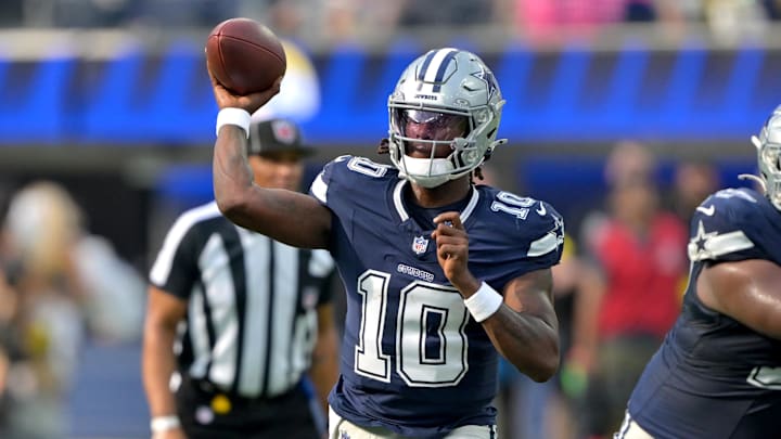 Aug 9, 2025; Inglewood, California, USA;  Dallas Cowboys quarterback Joe Milton III (10) throws a pass during the first half against the Los Angeles Rams at SoFi Stadium. Mandatory Credit: Jayne Kamin-Oncea-Imagn Images