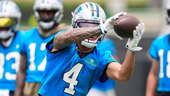 Jun 9, 2026; Charlotte, NC, USA; Carolina Panthers wide receiver Tetairoa McMillan (4) makes the catch during the first day of mini camp at Bank of America Stadium practice facility. Mandatory Credit: Jim Dedmon-Imagn Images Jun 9, 2026; Charlotte, NC, USA; Carolina Panthers wide receiver Tetairoa McMillan (4) makes the catch during the first day of mini camp at Bank of America Stadium practice facility. Mandatory Credit: Jim Dedmon-Imagn Images