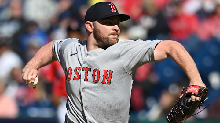 Apr 27, 2025; Cleveland, Ohio, USA; Boston Red Sox relief pitcher Liam Hendriks (31) throws a pitch during the ninth inning against the Cleveland Guardians at Progressive Field. Mandatory Credit: Ken Blaze-Imagn Images