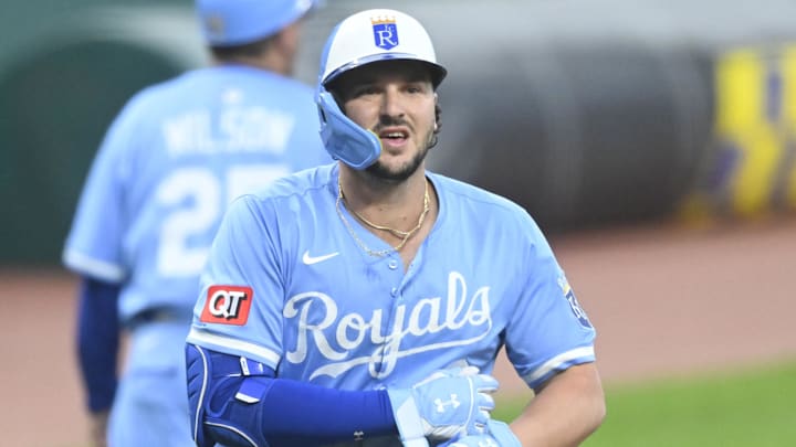 Sep 11, 2025; Cleveland, Ohio, USA; Kansas City Royals designated hitter Vinnie Pasquantino (9) rounds the bases on his two-run home run in the first inning against the Cleveland Guardians at Progressive Field. Mandatory Credit: David Richard-Imagn Images