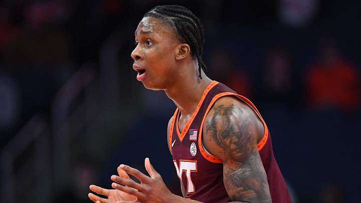 Jan 21, 2026; Syracuse, New York, USA; Virginia Tech Hokies forward Tobi Lawal (1) reacts to a call during the second half against the Syracuse Orange at the JMA Wireless Dome. Mandatory Credit: Rich Barnes-Imagn Images