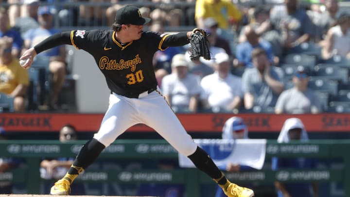 Pittsburgh Pirates starting pitcher Paul Skenes (30) delivers a pitch against the Chicago Cubs during the first inning at PNC Park. 
