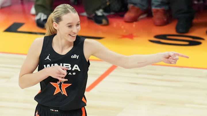 Dallas Wings' Paige Bueckers (5) reacts after a basket Saturday, July 19, 2025, during the WNBA All-Star Game at Gainbridge Fieldhouse in Indianapolis. Dallas Wings' Paige Bueckers (5) reacts after a basket Saturday, July 19, 2025, during the WNBA All-Star Game at Gainbridge Fieldhouse in Indianapolis.